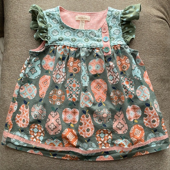 Matilda Jane Tunic Top. Pear/Apple Design. Peach, Sage, and Aqua Colors. Size 4. - Picture 2 of 9